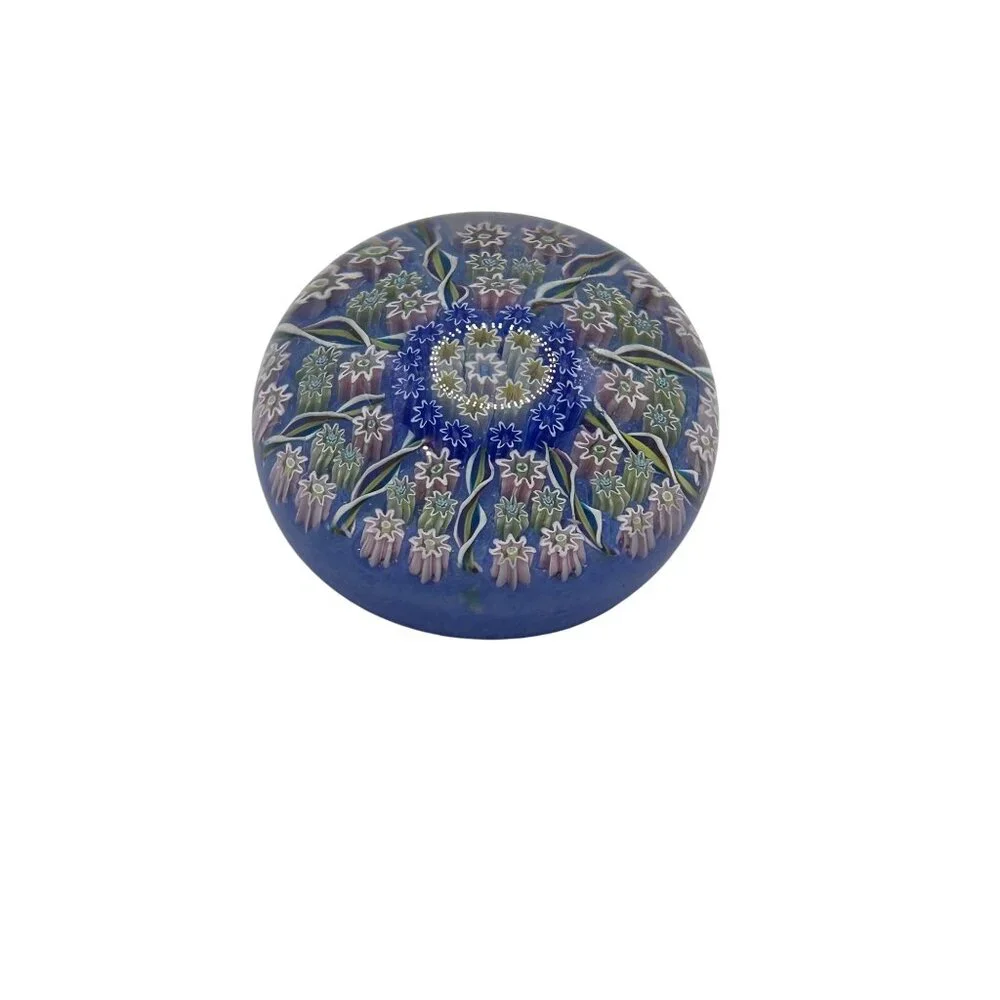 Vintage Millefiori Glass Paperweight With Intricate Floral Design & Vibrant Blue - Picture 3 of 3